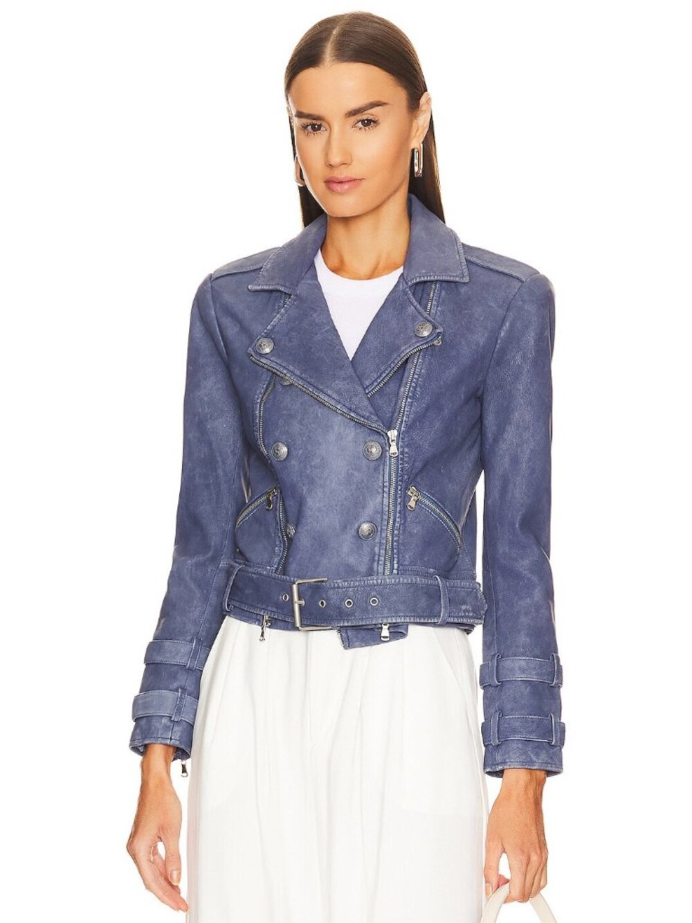 L'AGENCE Billie Belted Leather Jacket - Washed Indigo